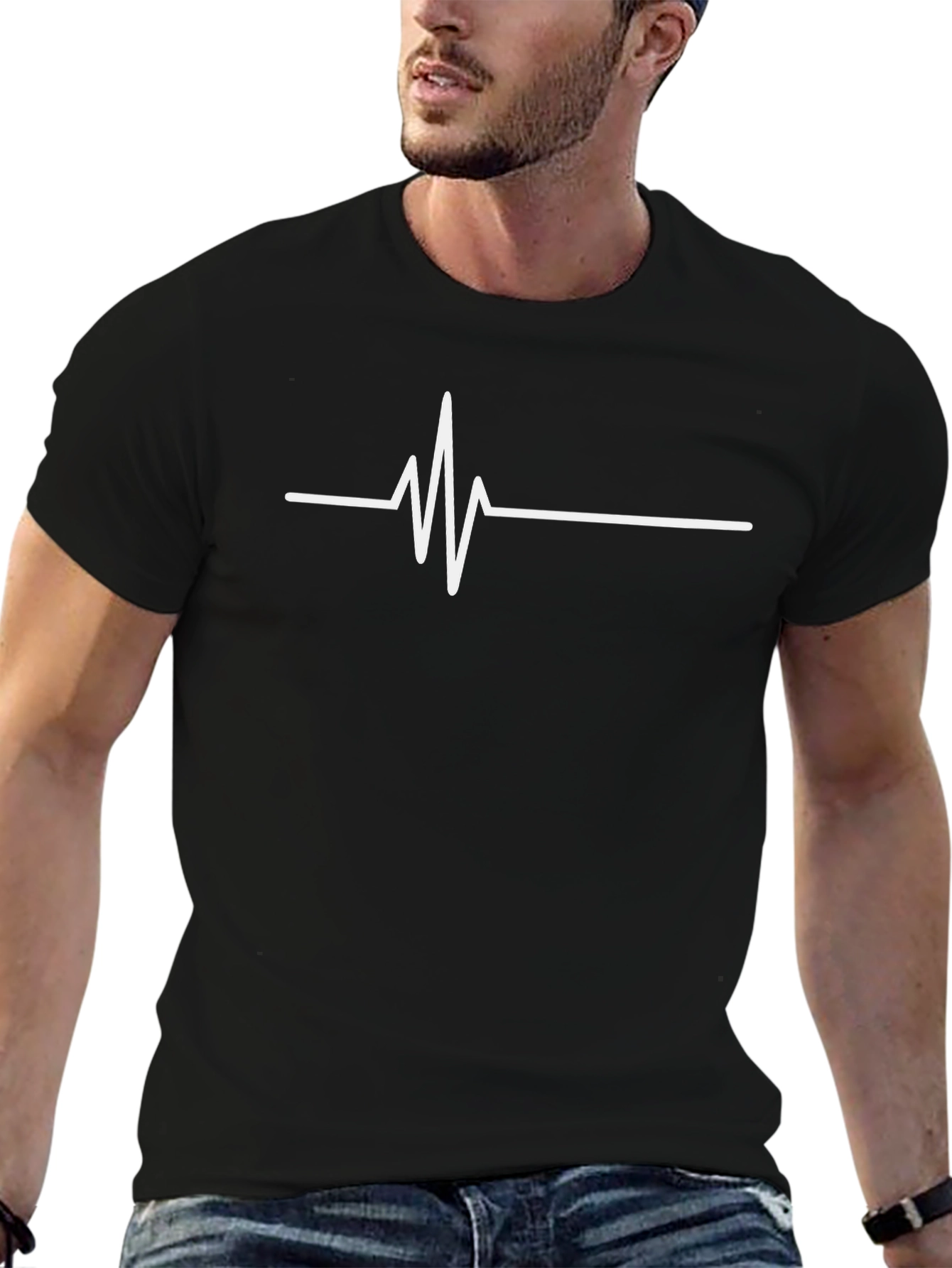 Heartbeat Line Graphic Tee - Black Cotton Casual T-Shirt