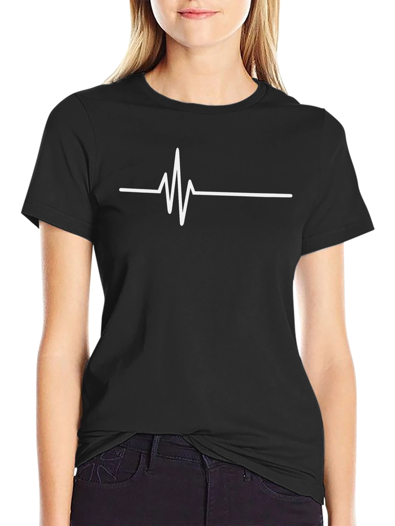 Heartbeat Line Graphic Tee - Black Cotton Casual T-Shirt