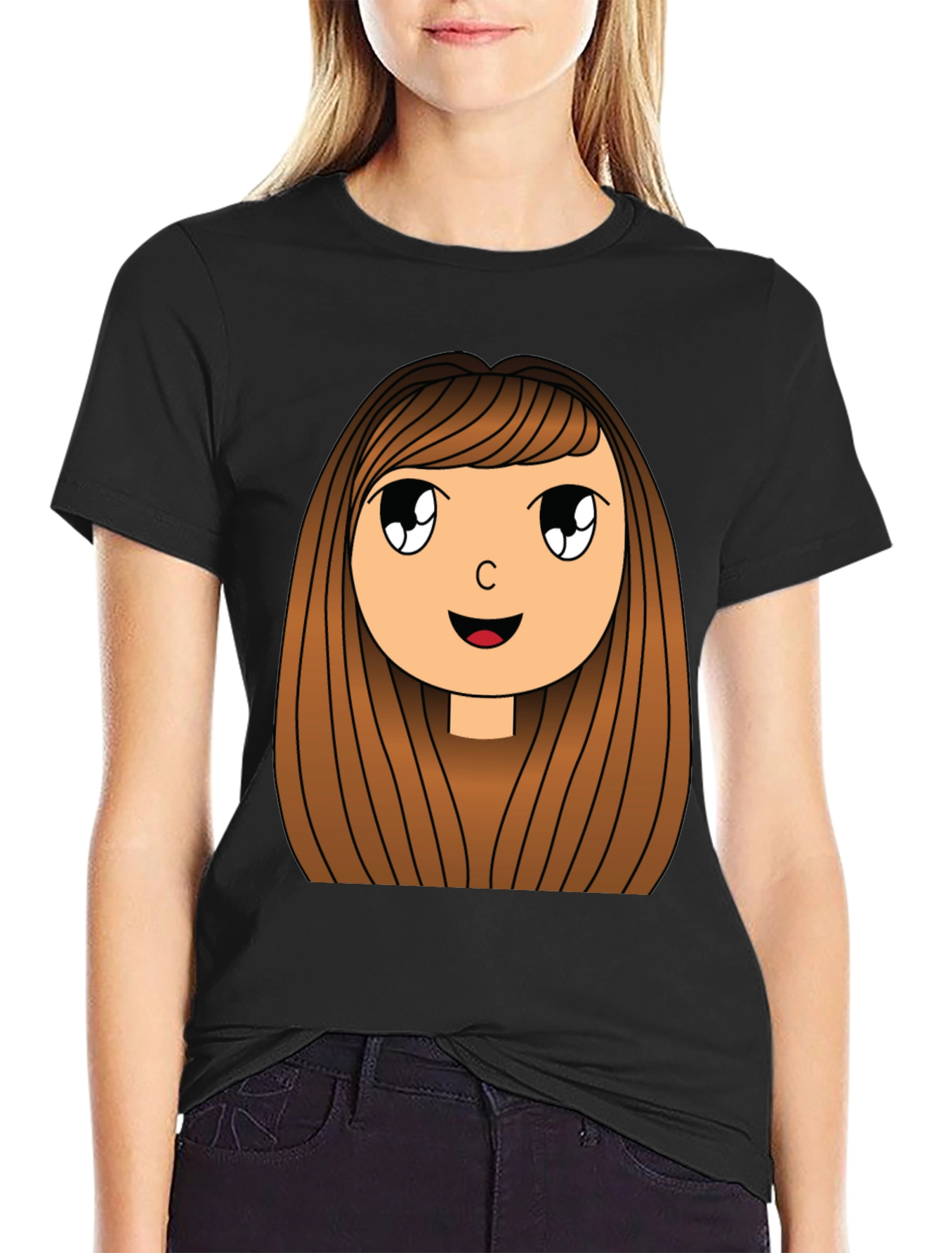 Cartoon Girl Graphic Print Black T-Shirt