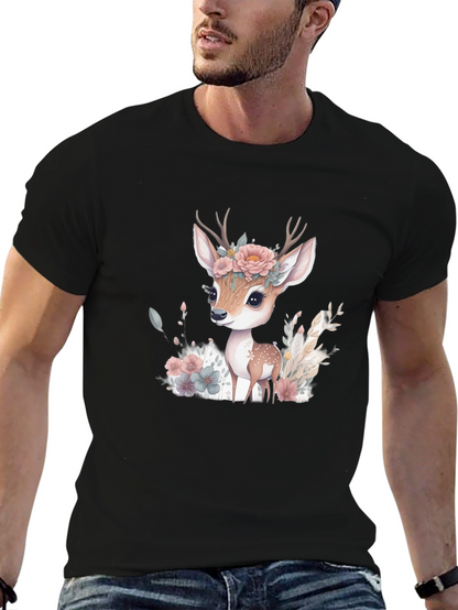 Floral Deer Graphic Tee - Mens Black T-Shirt