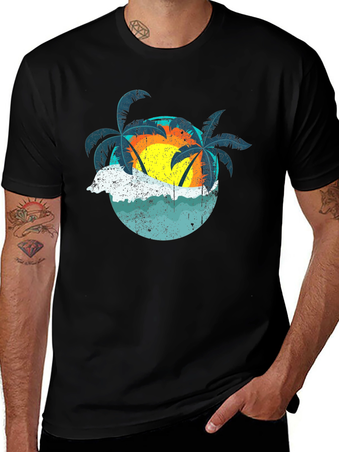 Retro Sunset Palms T-Shirt - Black