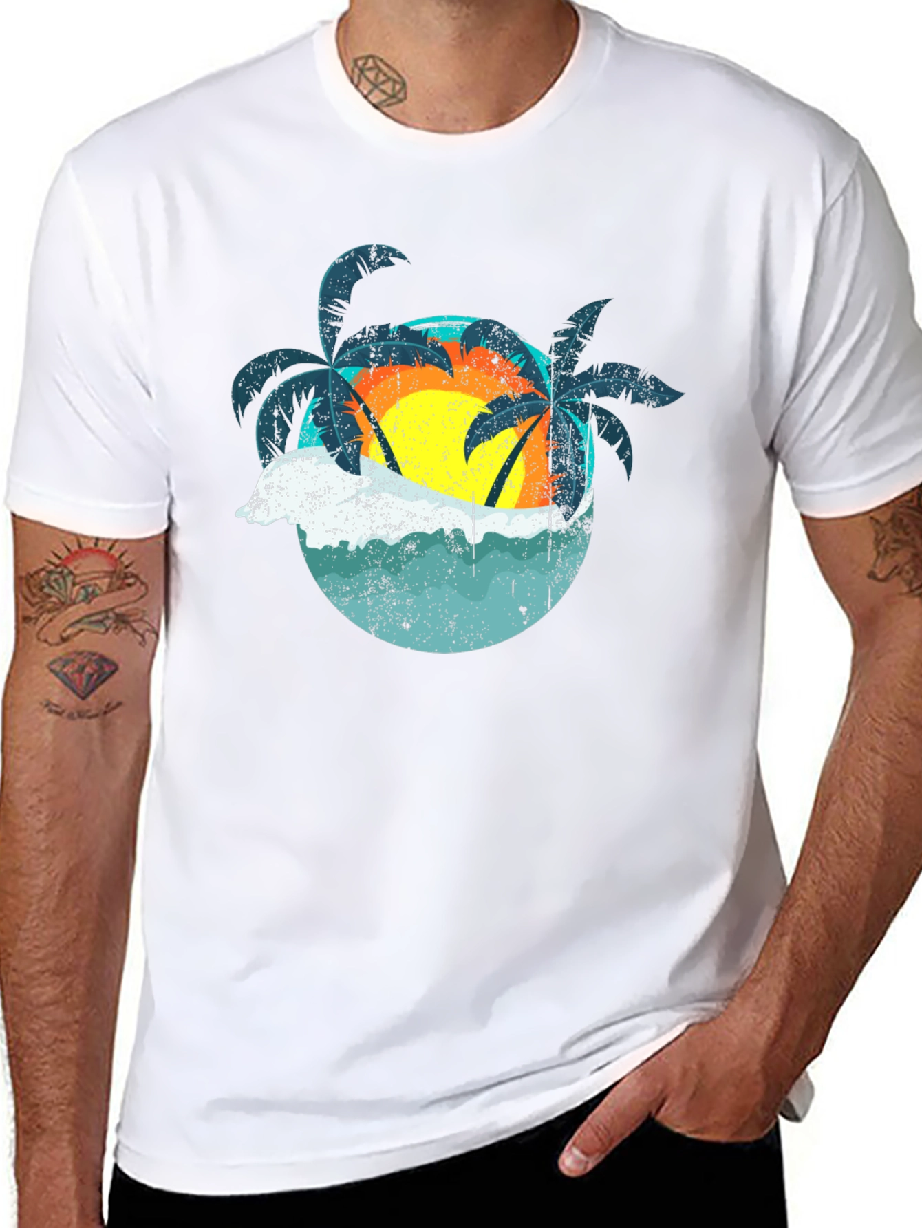 Retro Sunset Palms T-Shirt - Black