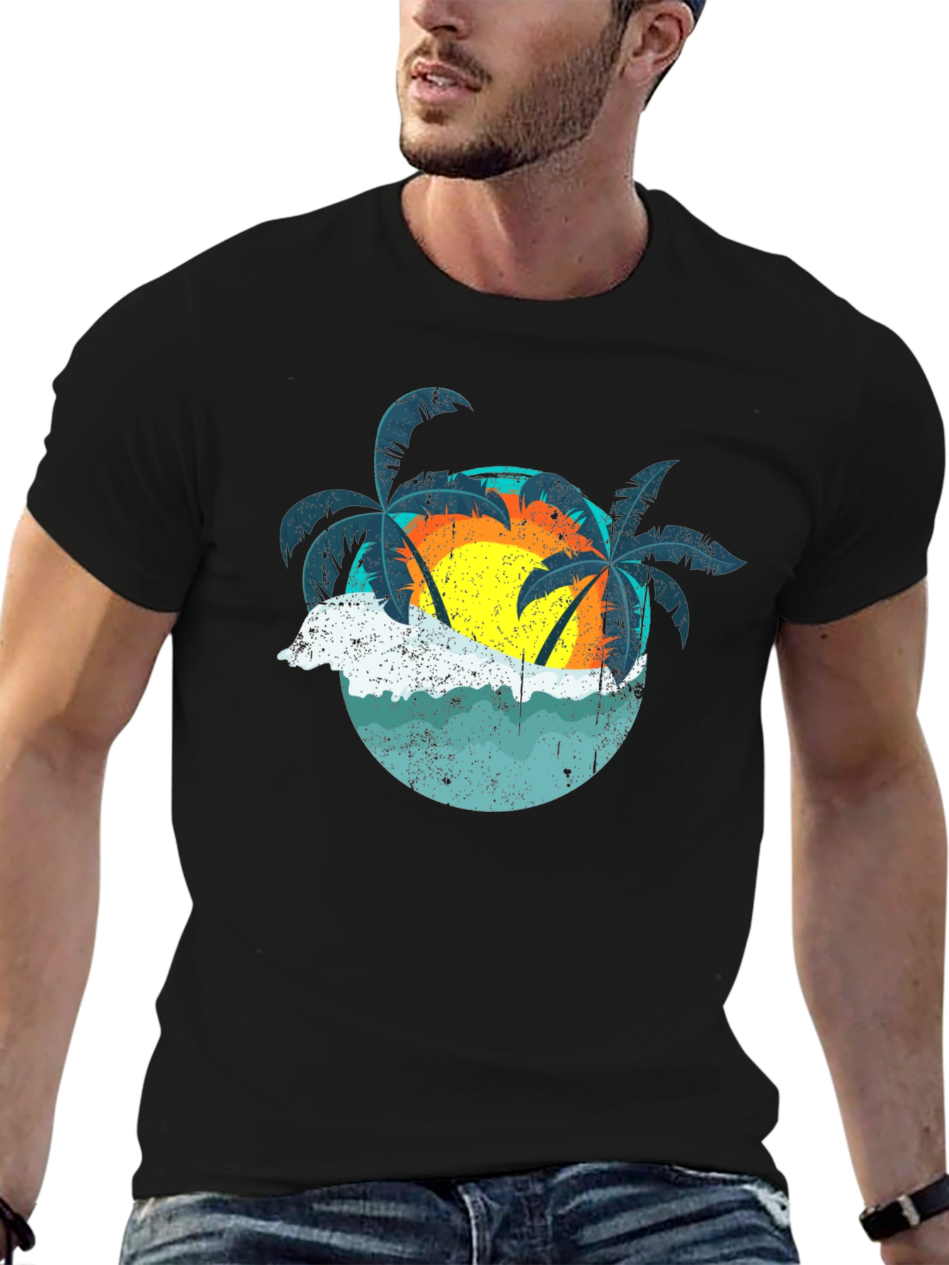 Retro Sunset Palms T-Shirt - Black