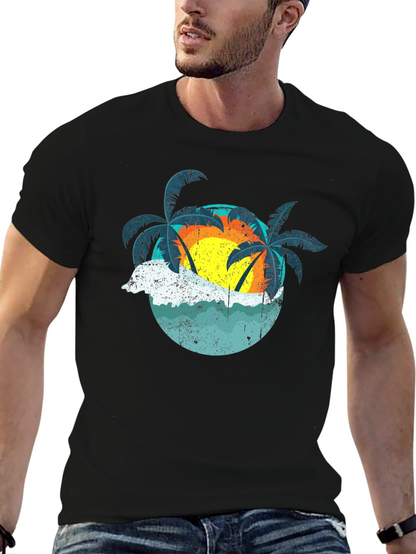 Retro Sunset Palms T-Shirt - Black
