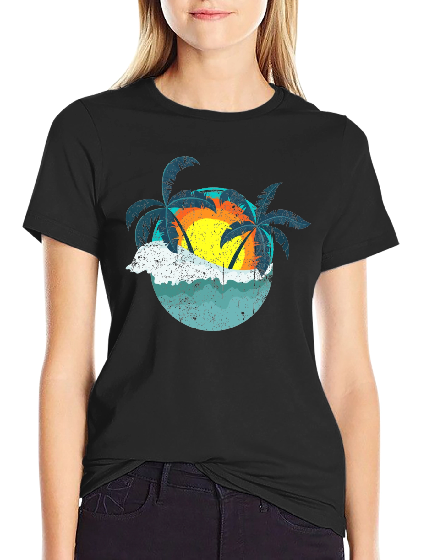 Retro Sunset Palms T-Shirt - Black