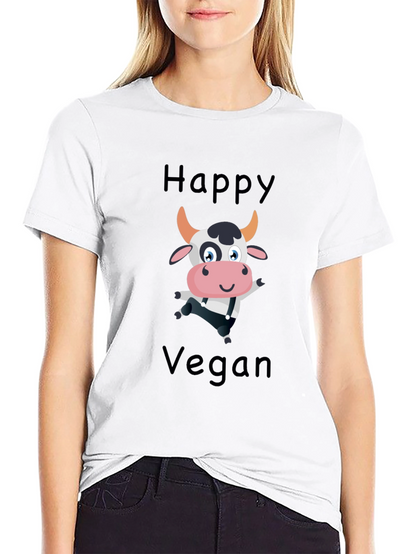 Happy Vegan Cartoon Cow Black T-Shirt