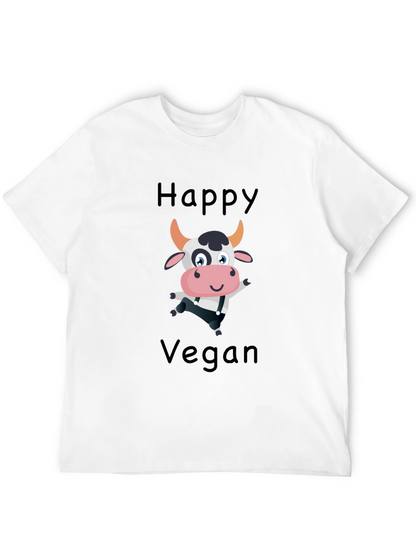 Happy Vegan Cartoon Cow Black T-Shirt