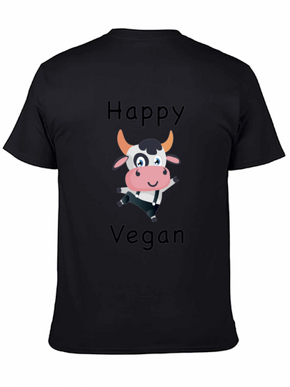 Happy Vegan Cartoon Cow Black T-Shirt