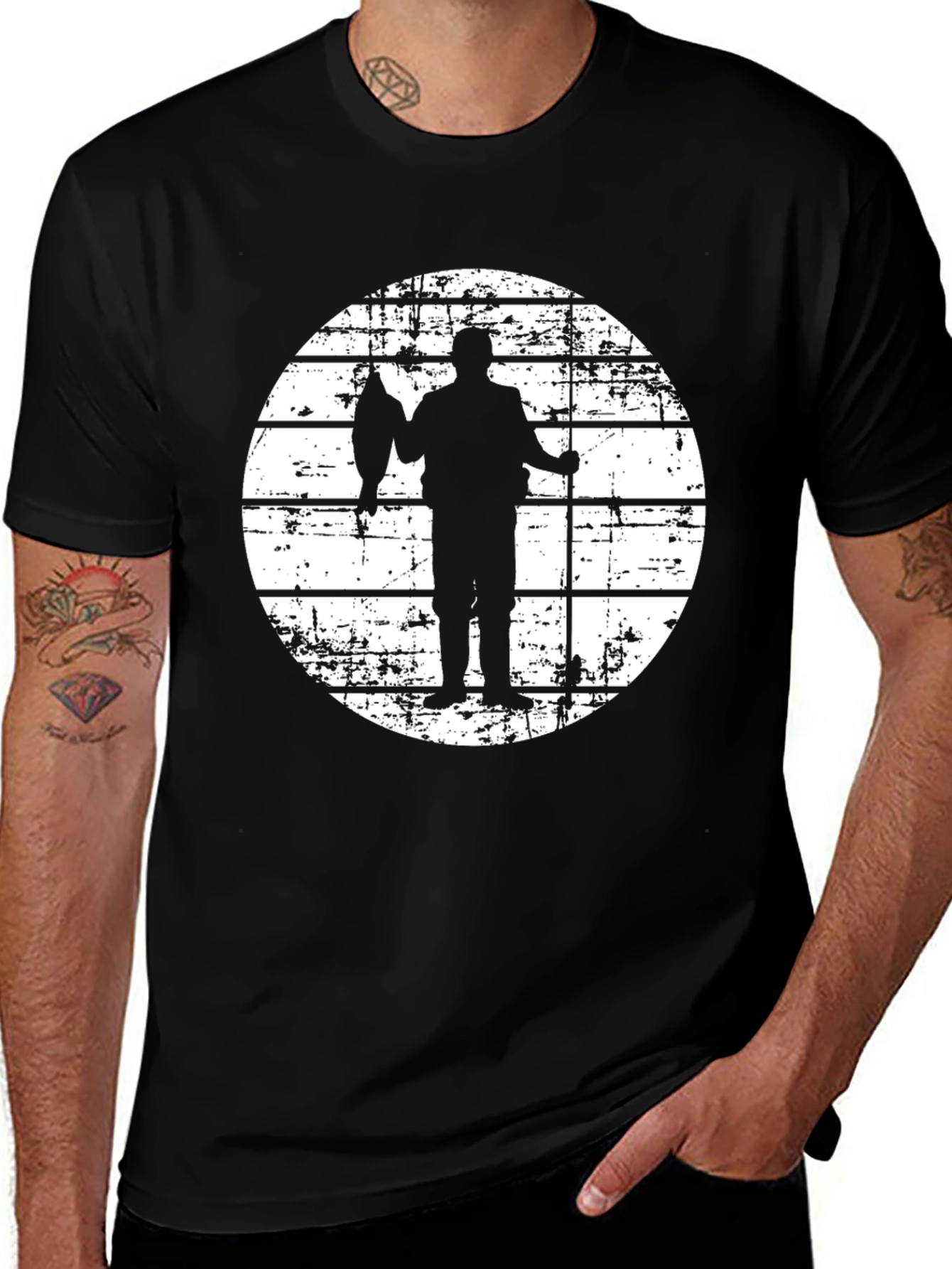 Fisherman Silhouette Graphic Tee - Black Cotton Blend