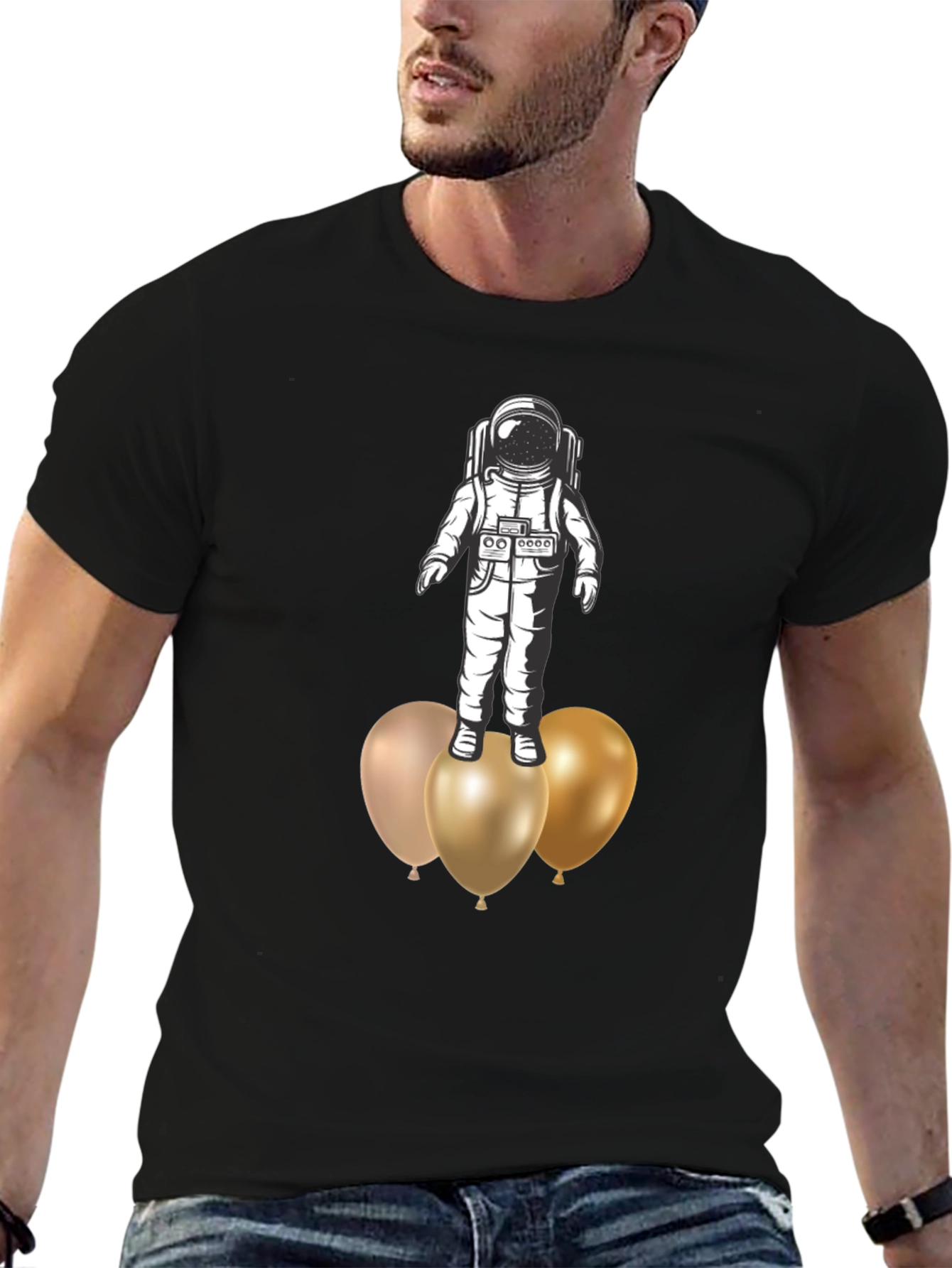 Astronaut on Balloons Graphic Tee - Black