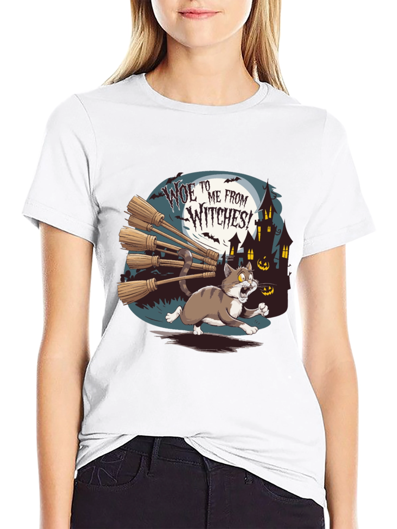 Woe to Me from Witches Halloween Cat T-Shirt