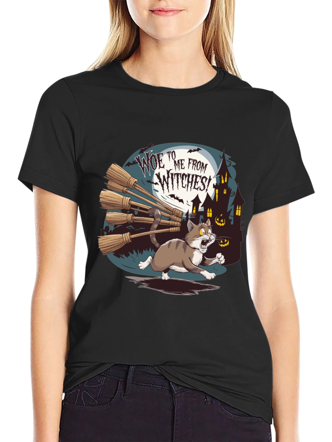 Woe to Me from Witches Halloween Cat T-Shirt