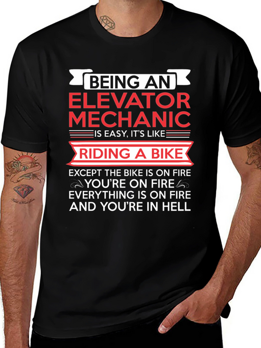 Elevator Mechanic Funny T-Shirt - Riding a Bike in Hell