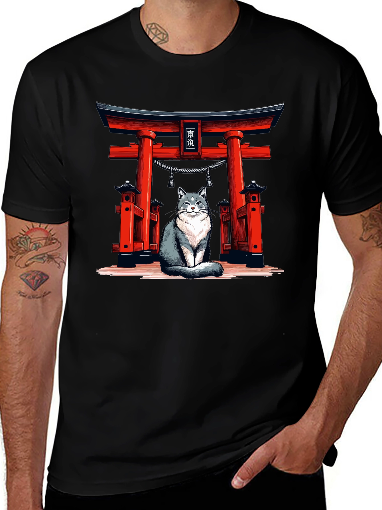 Cat Torii Gate Black T-Shirt