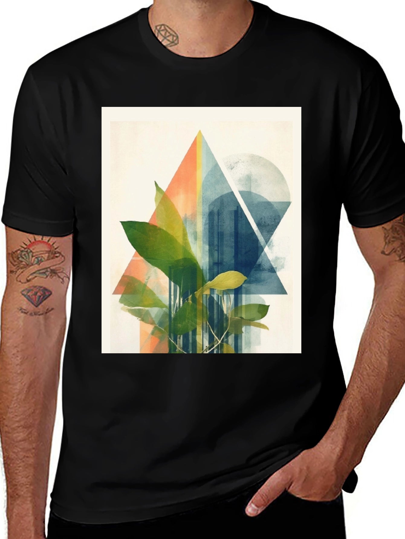 Geometric Plant Print Black T-Shirt