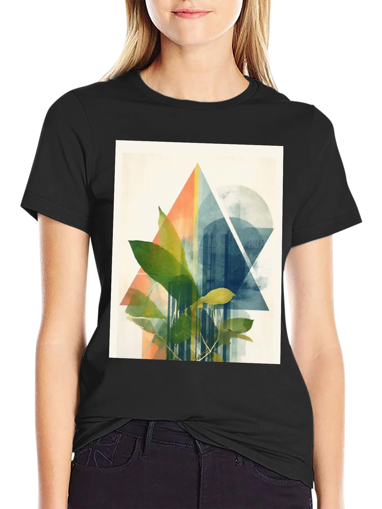 Geometric Plant Print Black T-Shirt