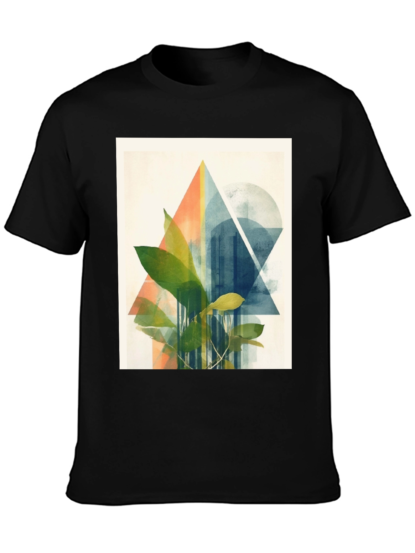 Geometric Plant Print Black T-Shirt