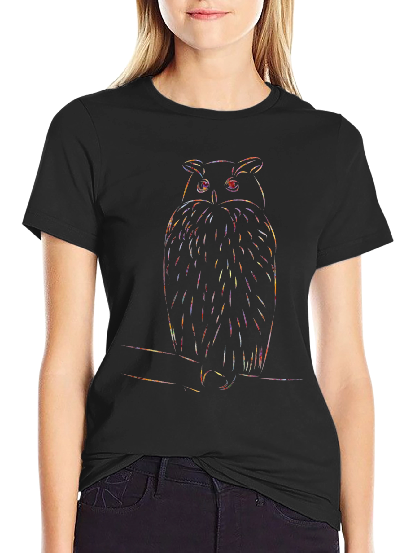Rainbow Owl Graphic Print Black T-Shirt