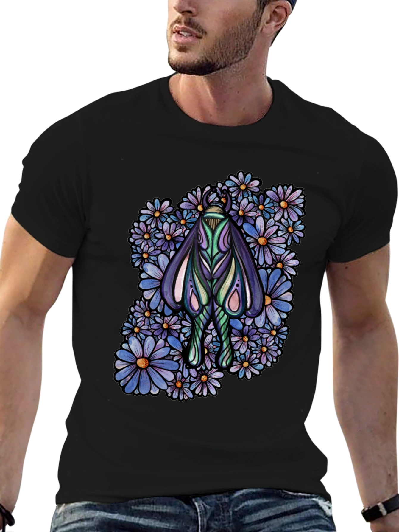 Moth and Floral Graphic Black T-Shirt