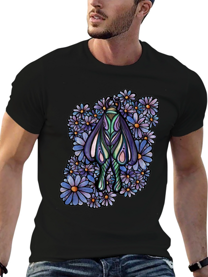 Moth and Floral Graphic Black T-Shirt