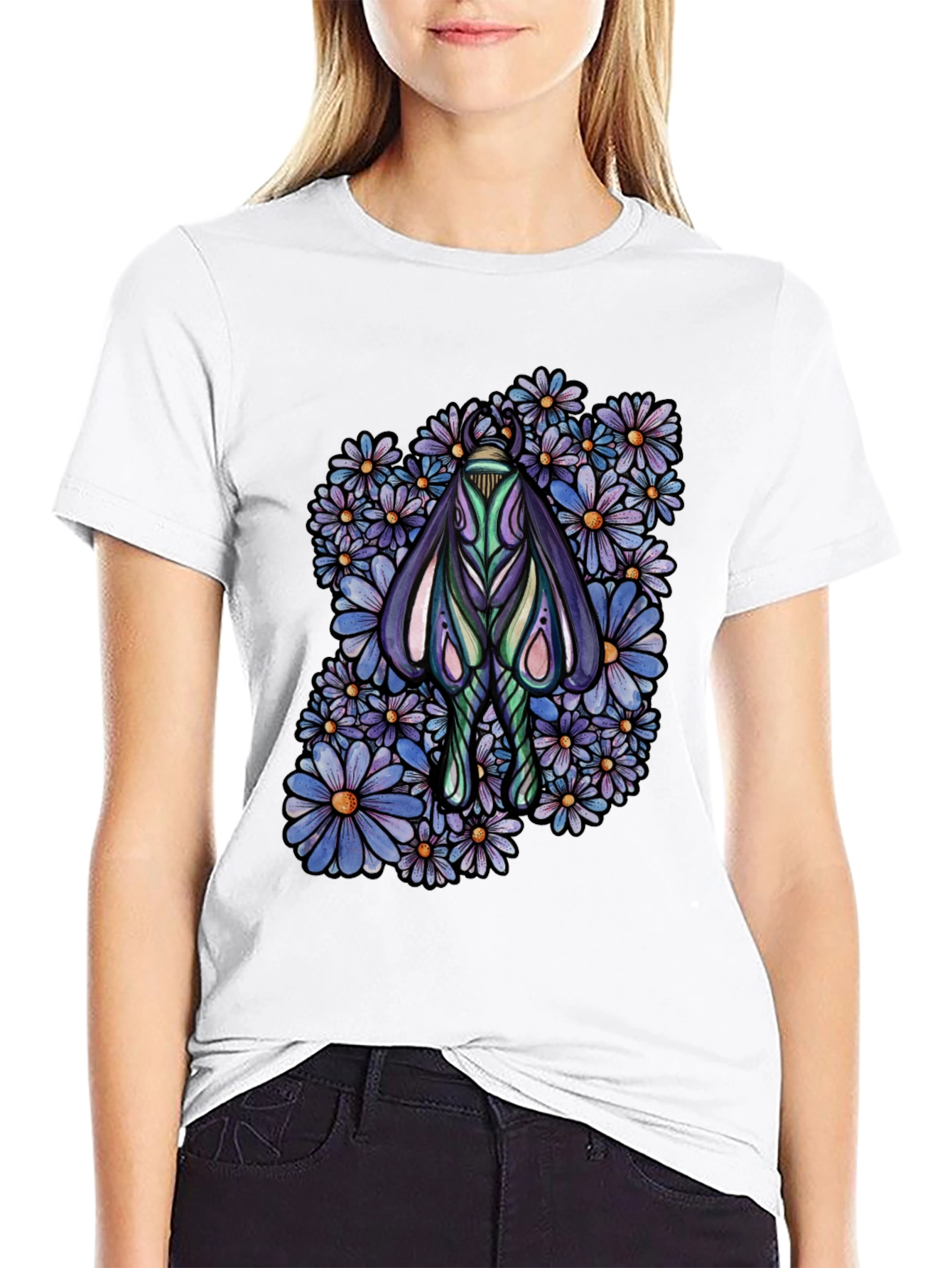 Moth and Floral Graphic Black T-Shirt