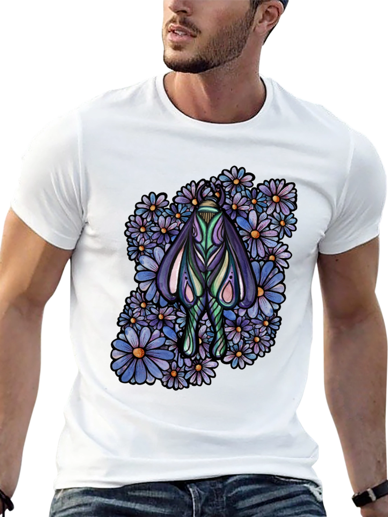 Moth and Floral Graphic Black T-Shirt