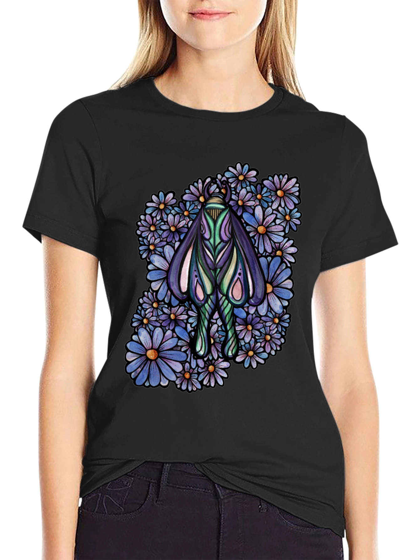 Moth and Floral Graphic Black T-Shirt
