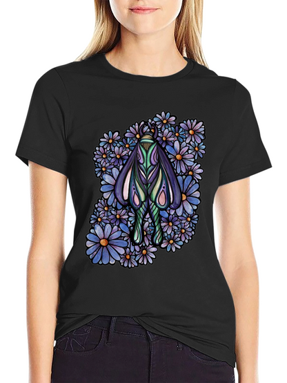 Moth and Floral Graphic Black T-Shirt