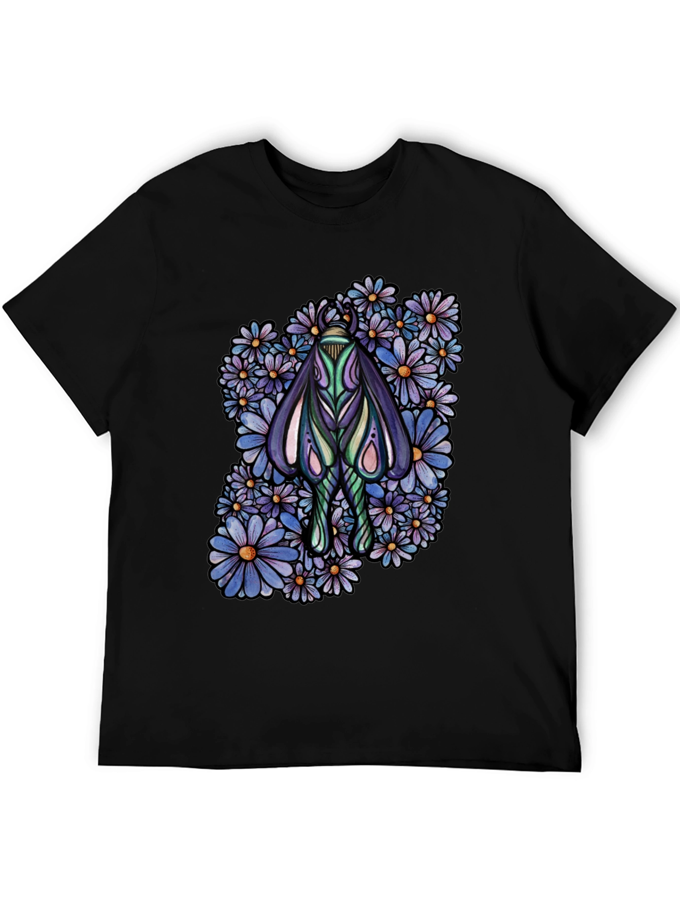 Moth and Floral Graphic Black T-Shirt