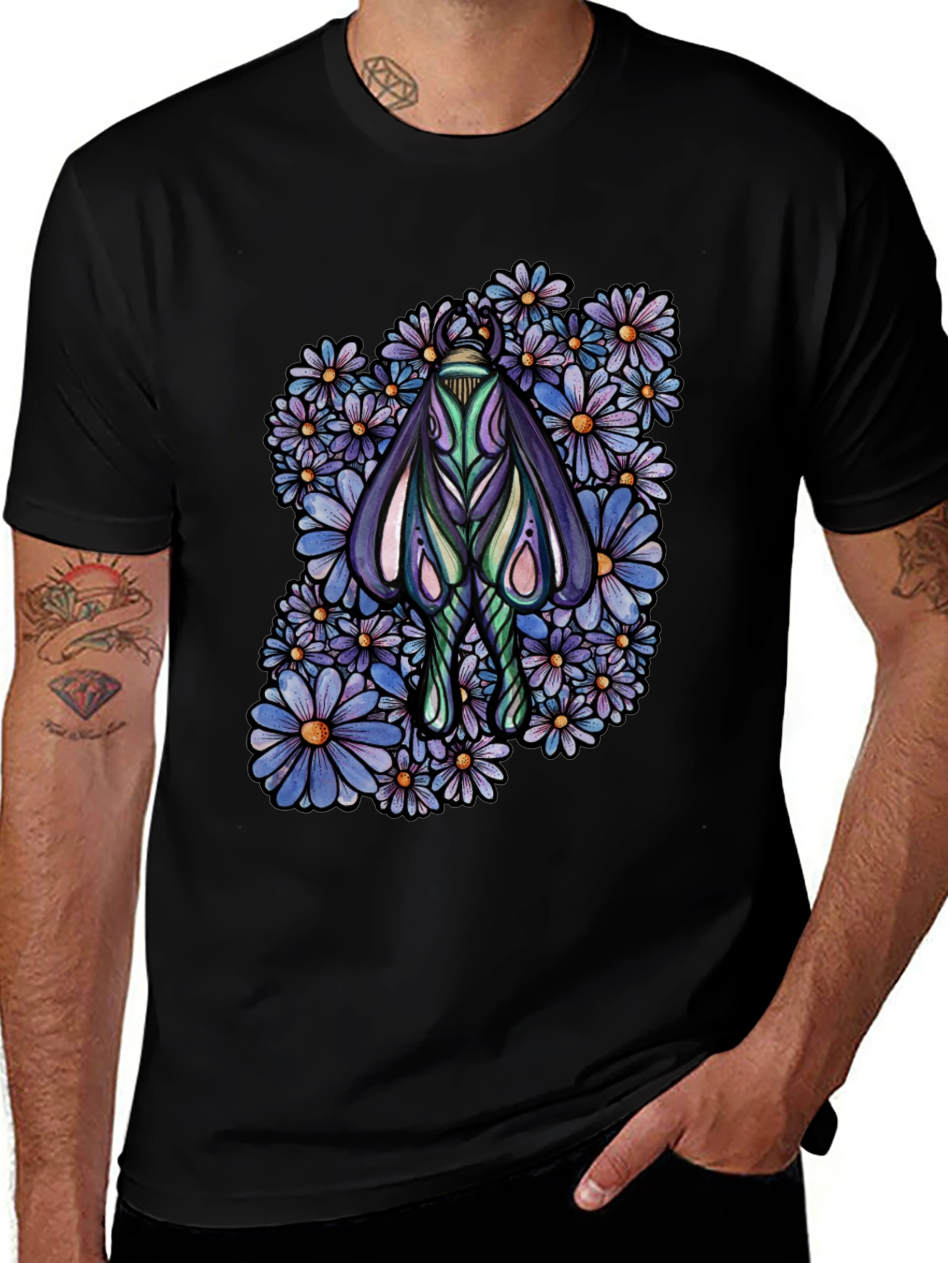 Moth and Floral Graphic Black T-Shirt