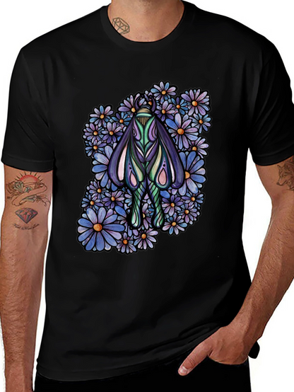 Moth and Floral Graphic Black T-Shirt