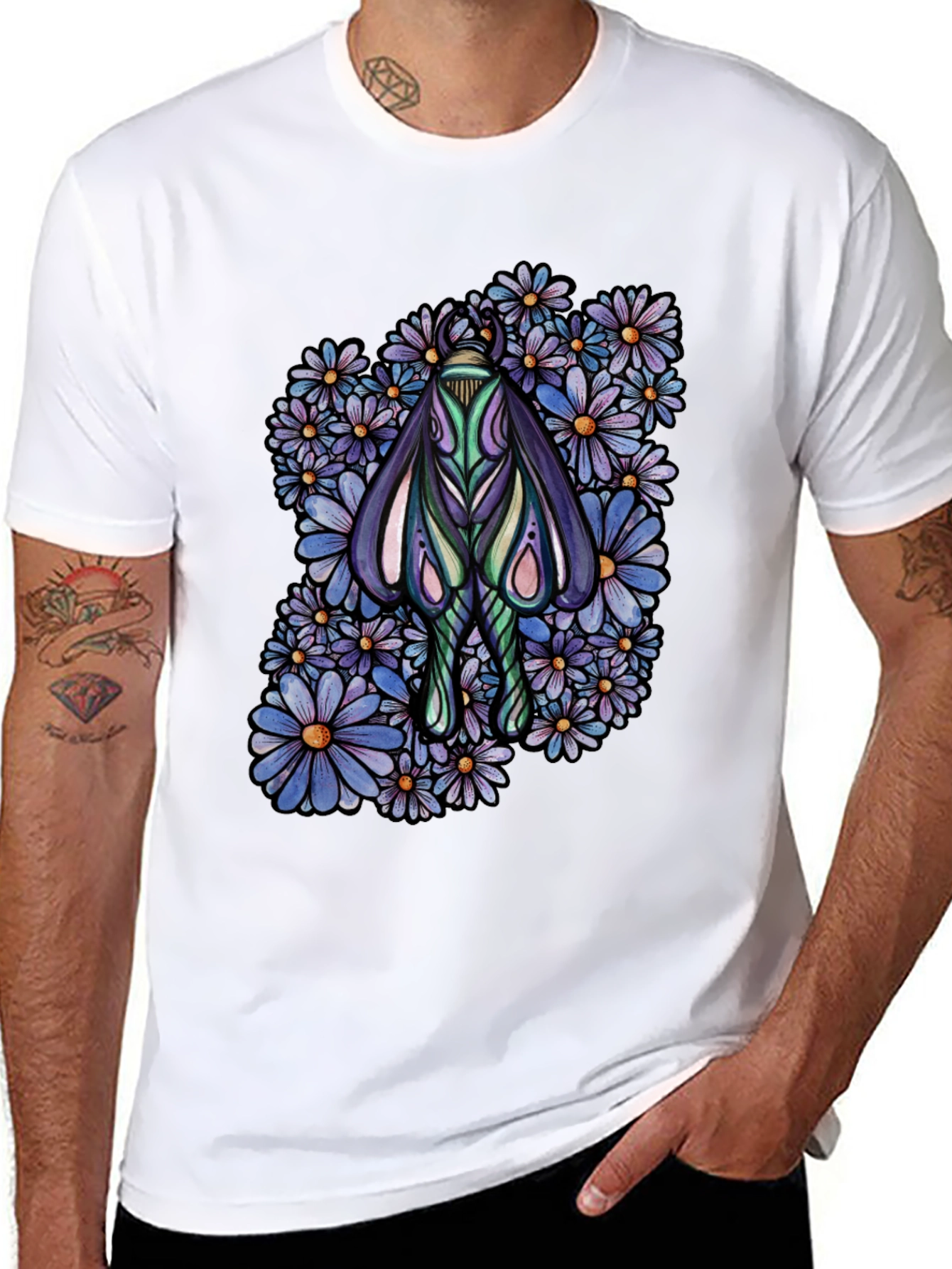 Moth and Floral Graphic Black T-Shirt