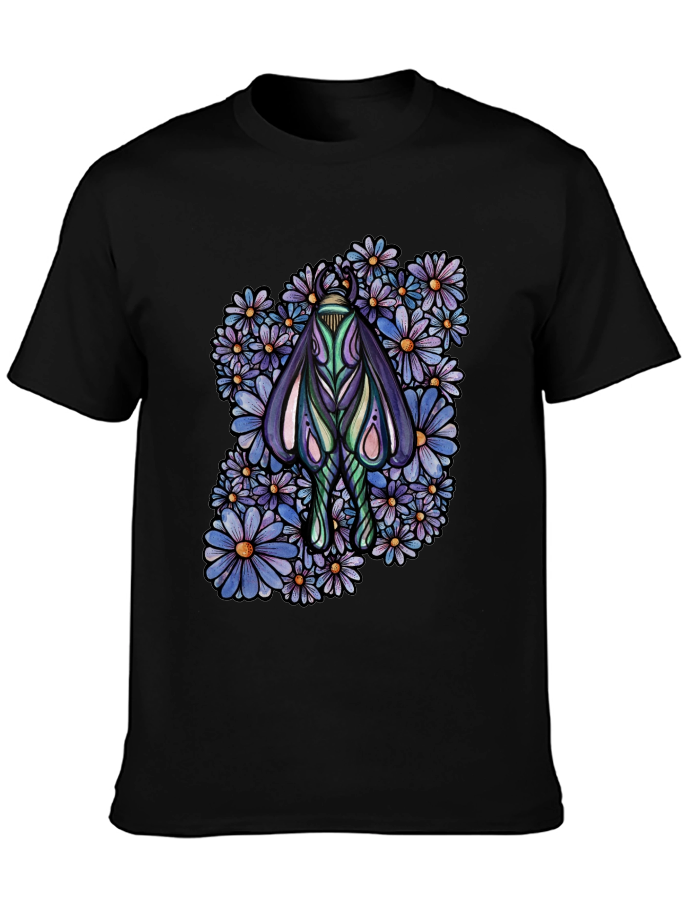 Moth and Floral Graphic Black T-Shirt