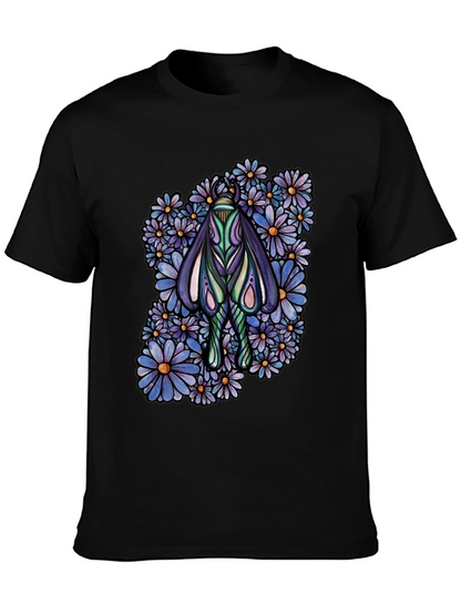Moth and Floral Graphic Black T-Shirt