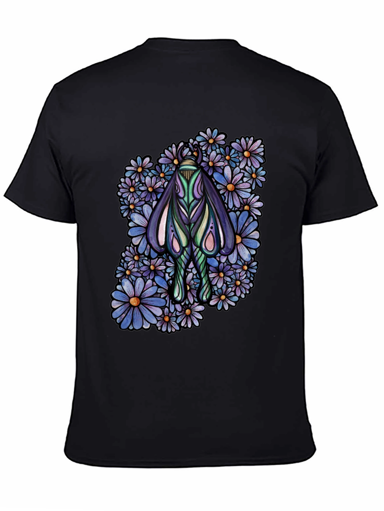 Moth and Floral Graphic Black T-Shirt