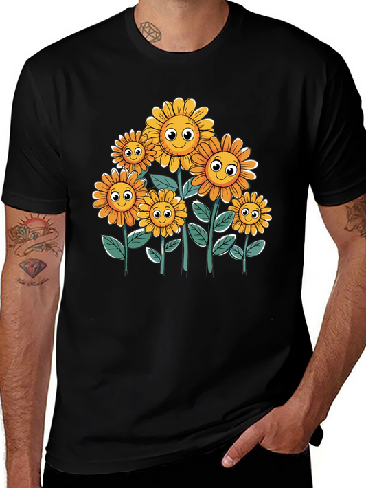 Smiling Sunflowers Graphic Tee - Black Cotton T-Shirt