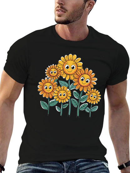 Smiling Sunflowers Graphic Tee - Black Cotton T-Shirt