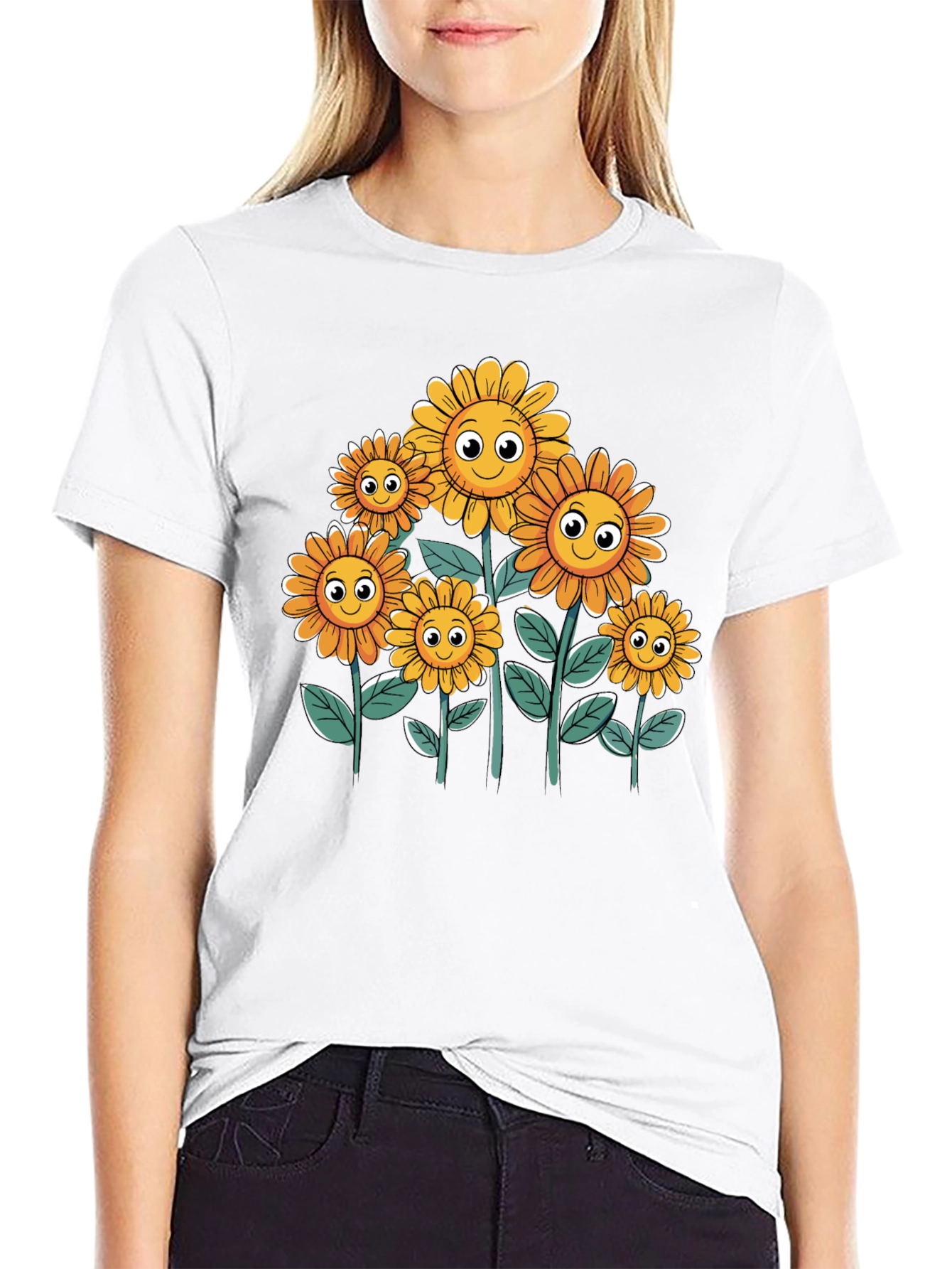 Smiling Sunflowers Graphic Tee - Black Cotton T-Shirt