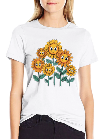 Smiling Sunflowers Graphic Tee - Black Cotton T-Shirt