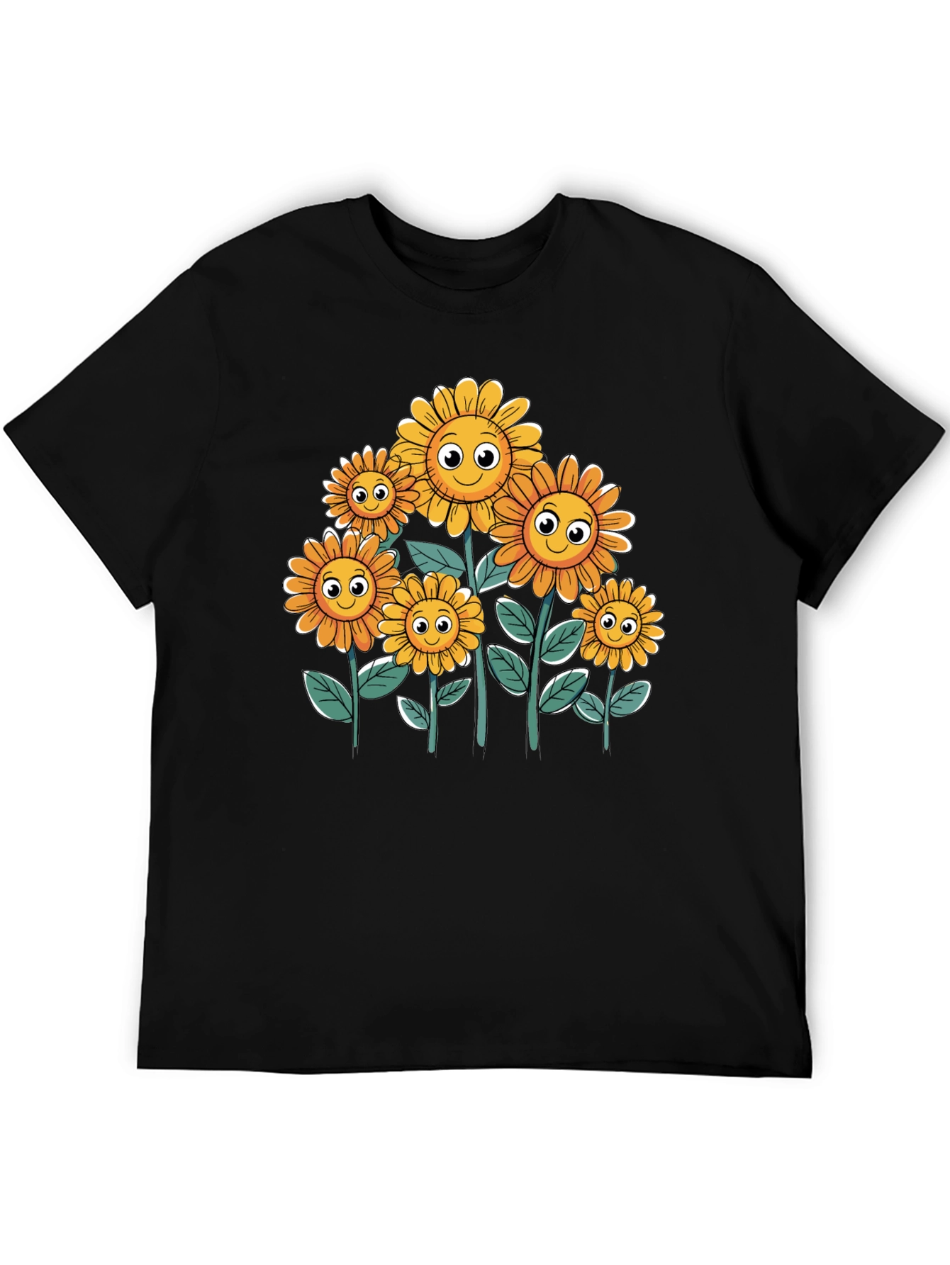 Smiling Sunflowers Graphic Tee - Black Cotton T-Shirt