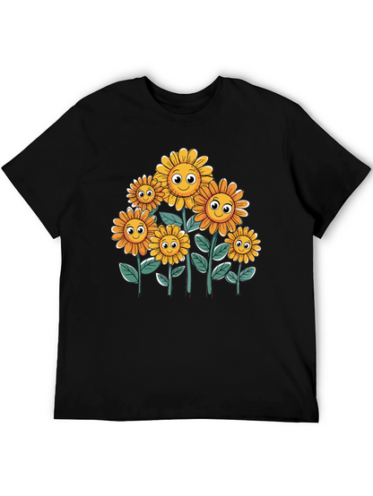 Smiling Sunflowers Graphic Tee - Black Cotton T-Shirt
