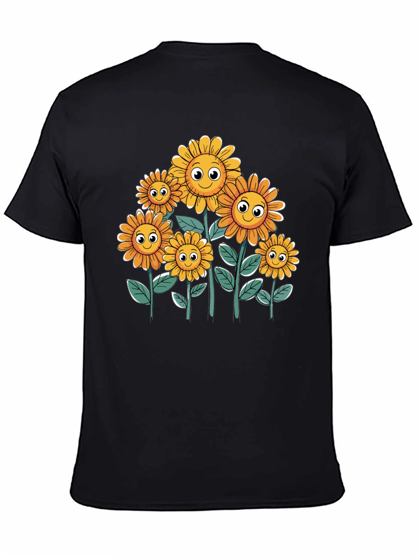 Smiling Sunflowers Graphic Tee - Black Cotton T-Shirt