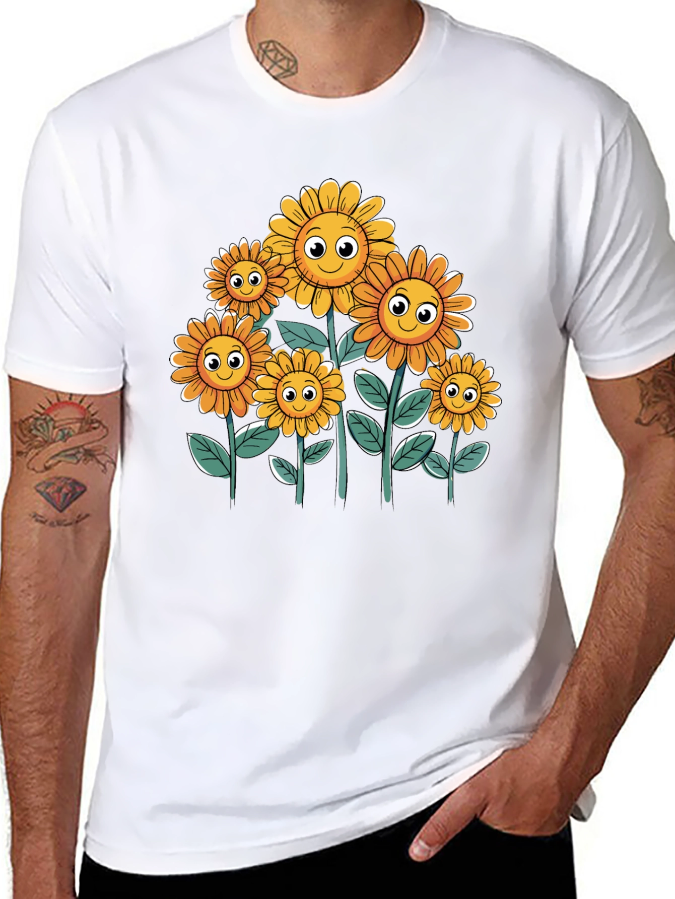 Smiling Sunflowers Graphic Tee - Black Cotton T-Shirt