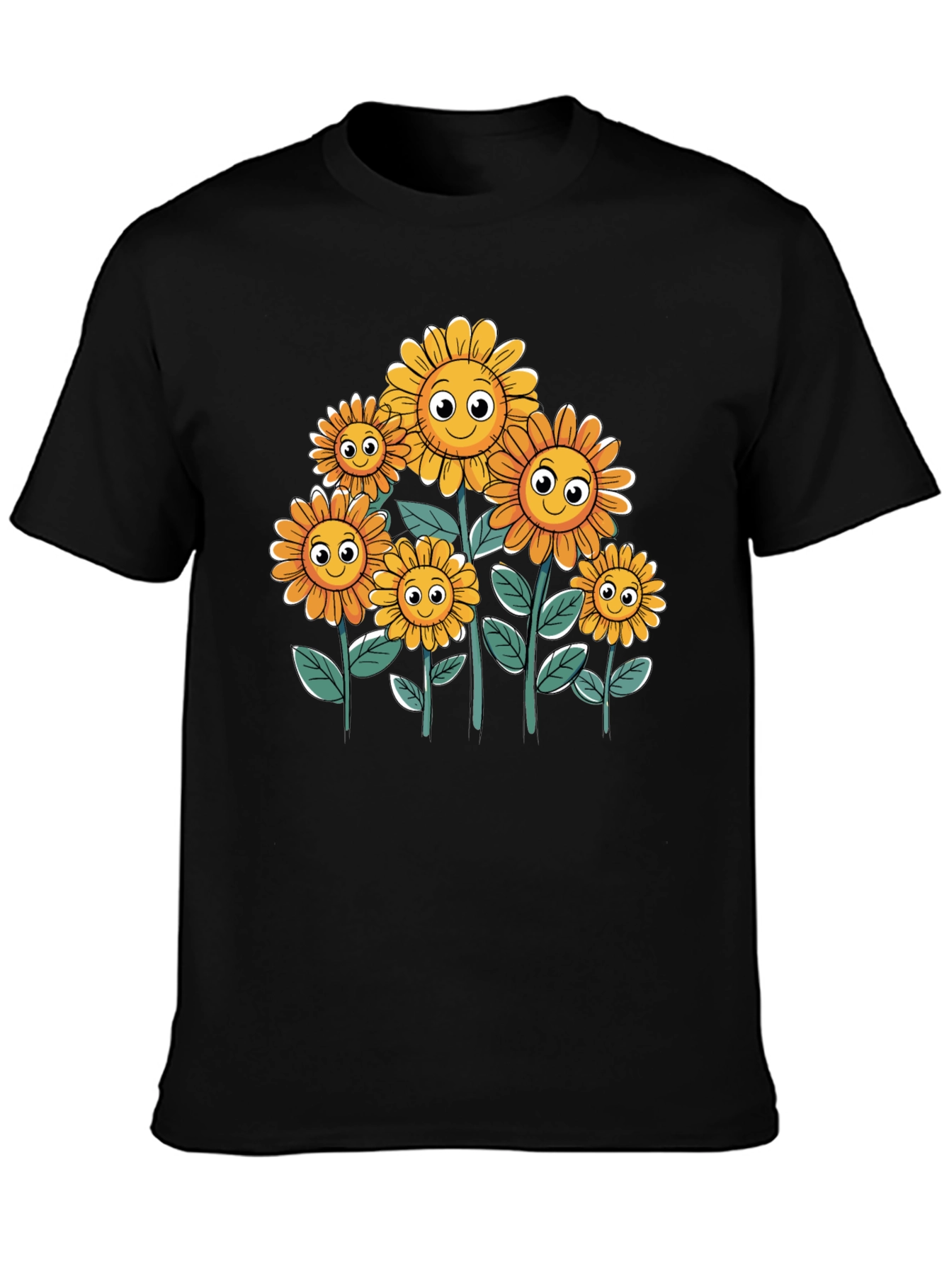 Smiling Sunflowers Graphic Tee - Black Cotton T-Shirt