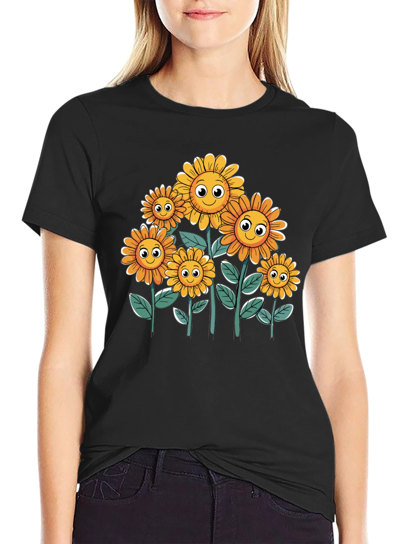 Smiling Sunflowers Graphic Tee - Black Cotton T-Shirt
