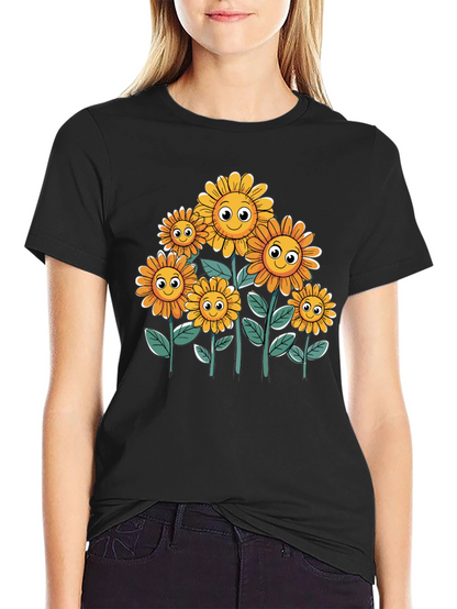 Smiling Sunflowers Graphic Tee - Black Cotton T-Shirt