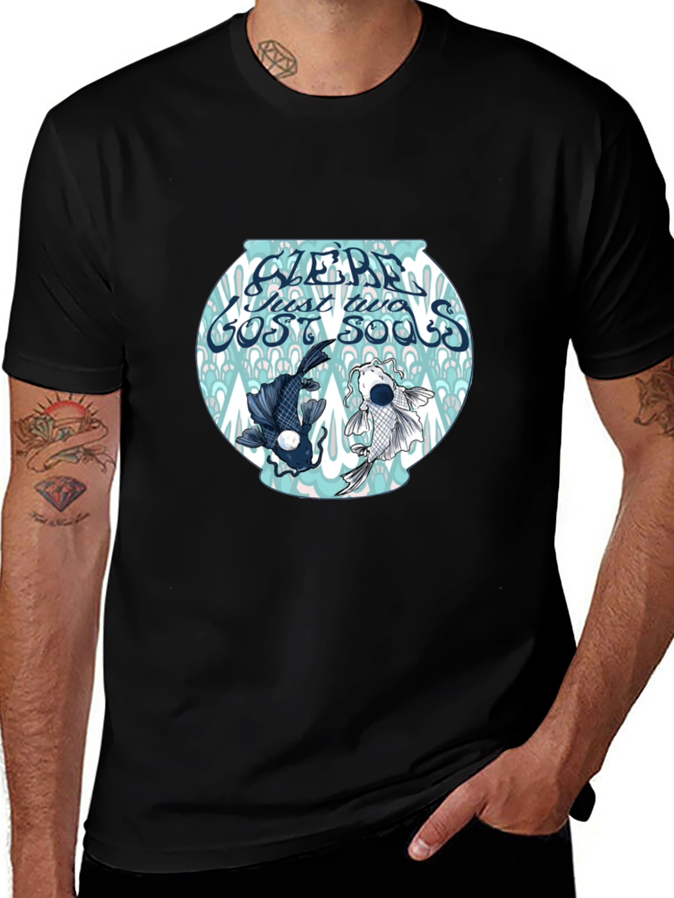 Black T-Shirt with Koi Fish Bowl Graphic