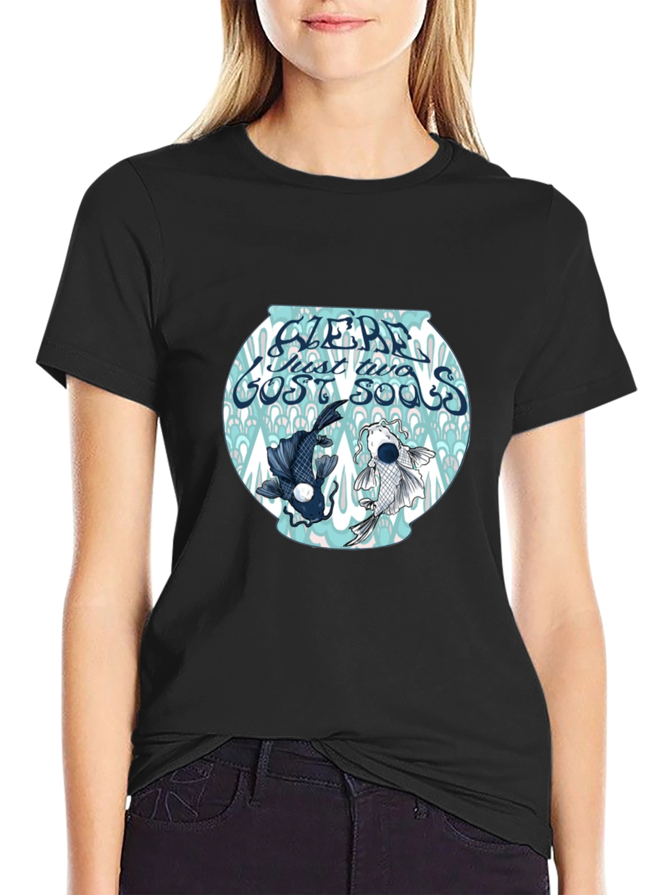 Black T-Shirt with Koi Fish Bowl Graphic