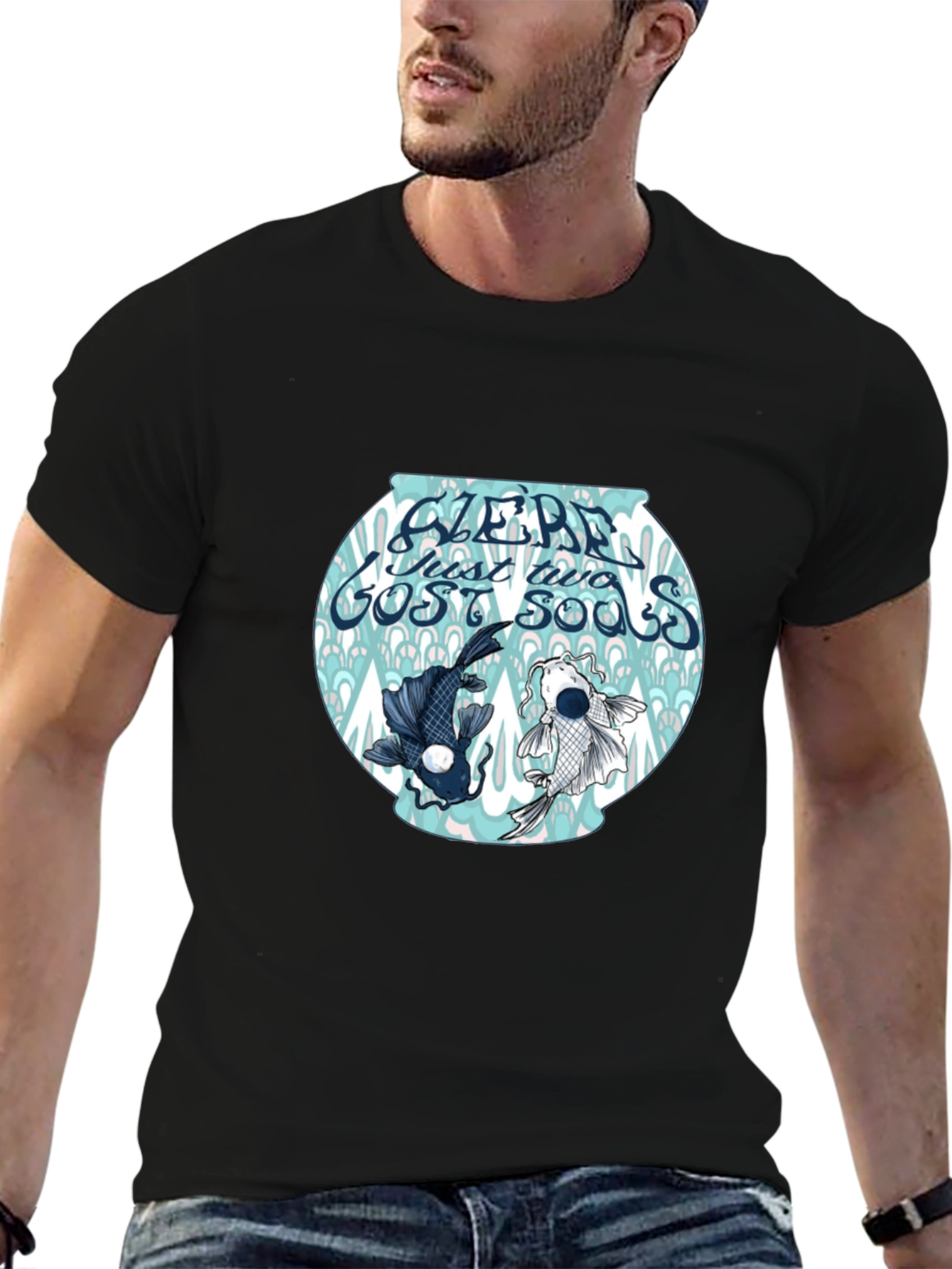 Black T-Shirt with Koi Fish Bowl Graphic
