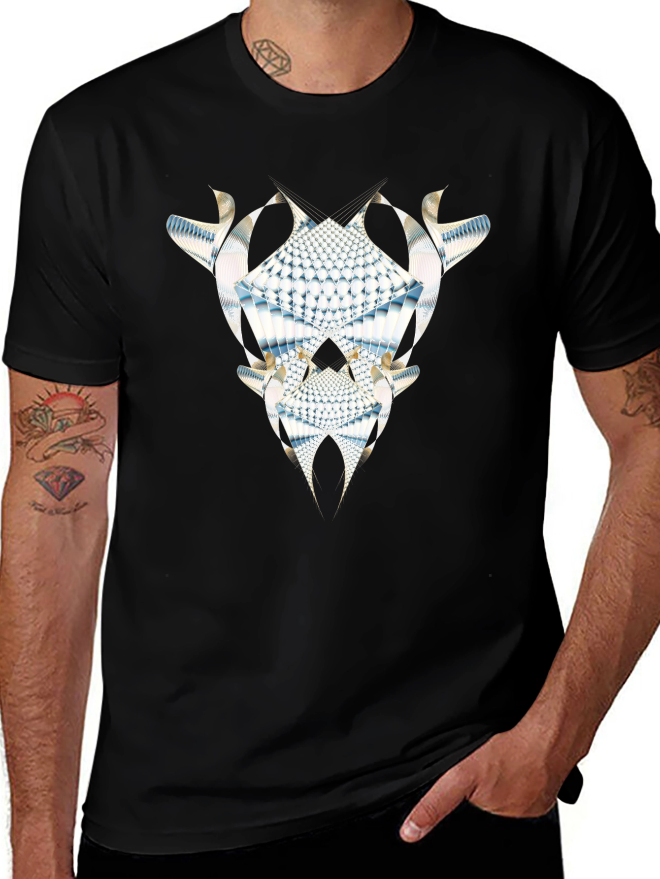 Abstract Fractal Graphic Tee - Black Cotton Casual